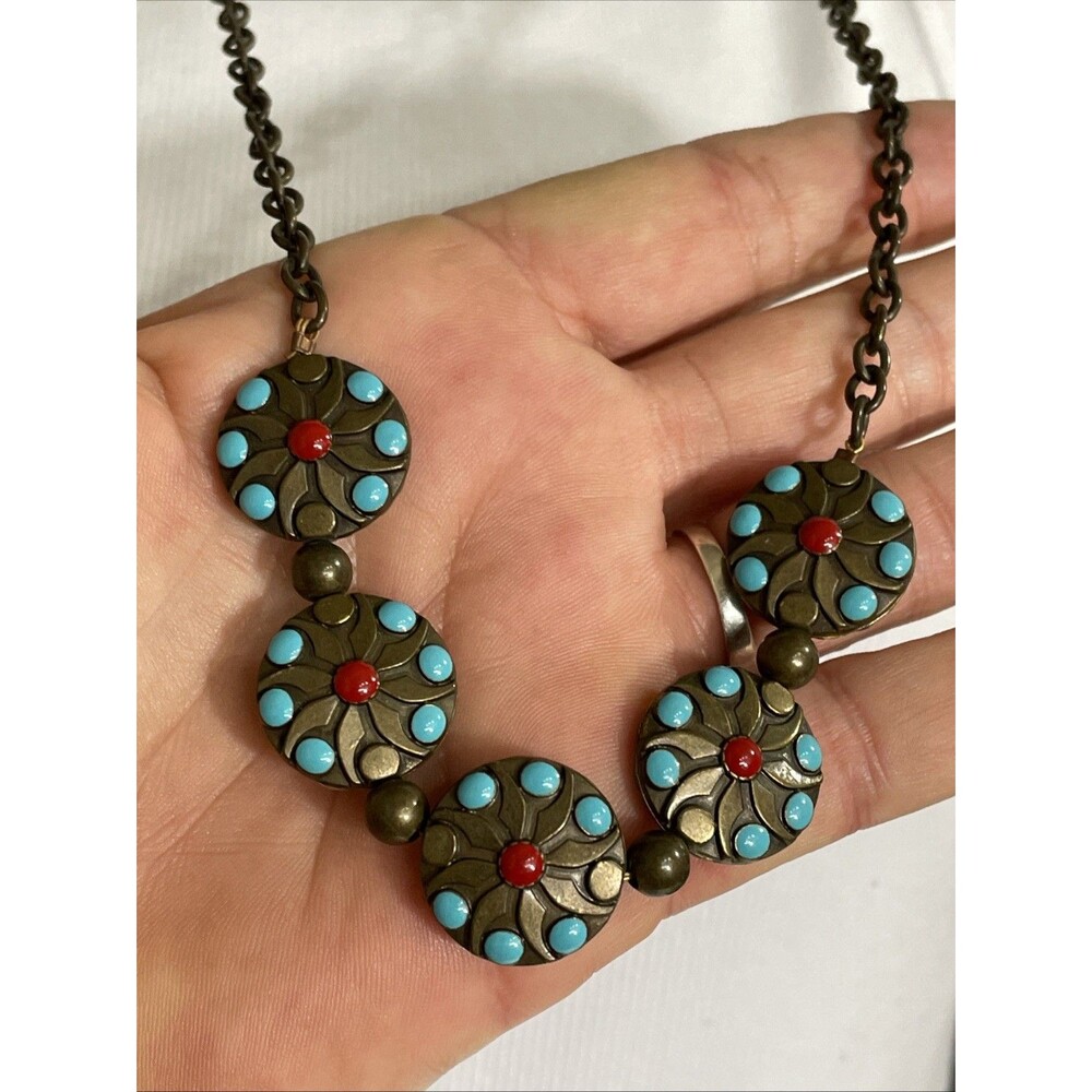 Vintage Brass Faux Turquoise & Coral Disc Necklace